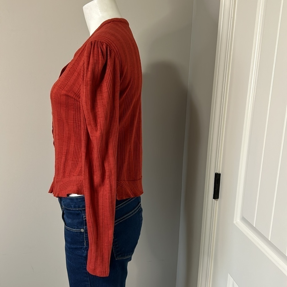 Pilcro Anthropologie Rust Red Button Up Ribbed Puff Sleeve Cardigan Top Sz S - Picture 7 of 15